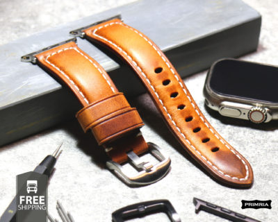 Cognac Brown Genuine Leather Straps Bands for Apple Watch Ultra Series 9 8