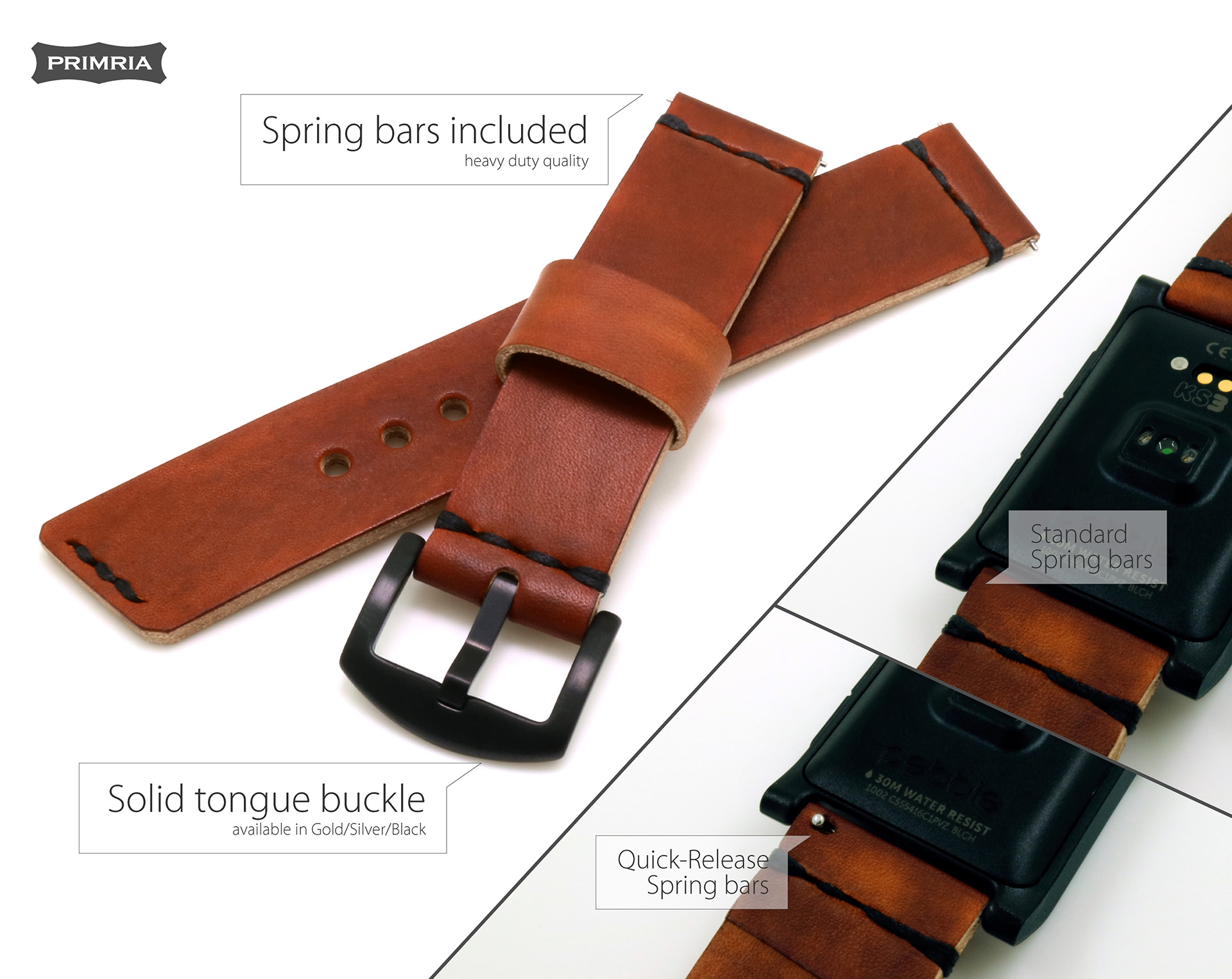 NEW Pebble Time 2, Pebble 2, Round 2 – Handmade Full Grain Leather Watch Straps - Image 3